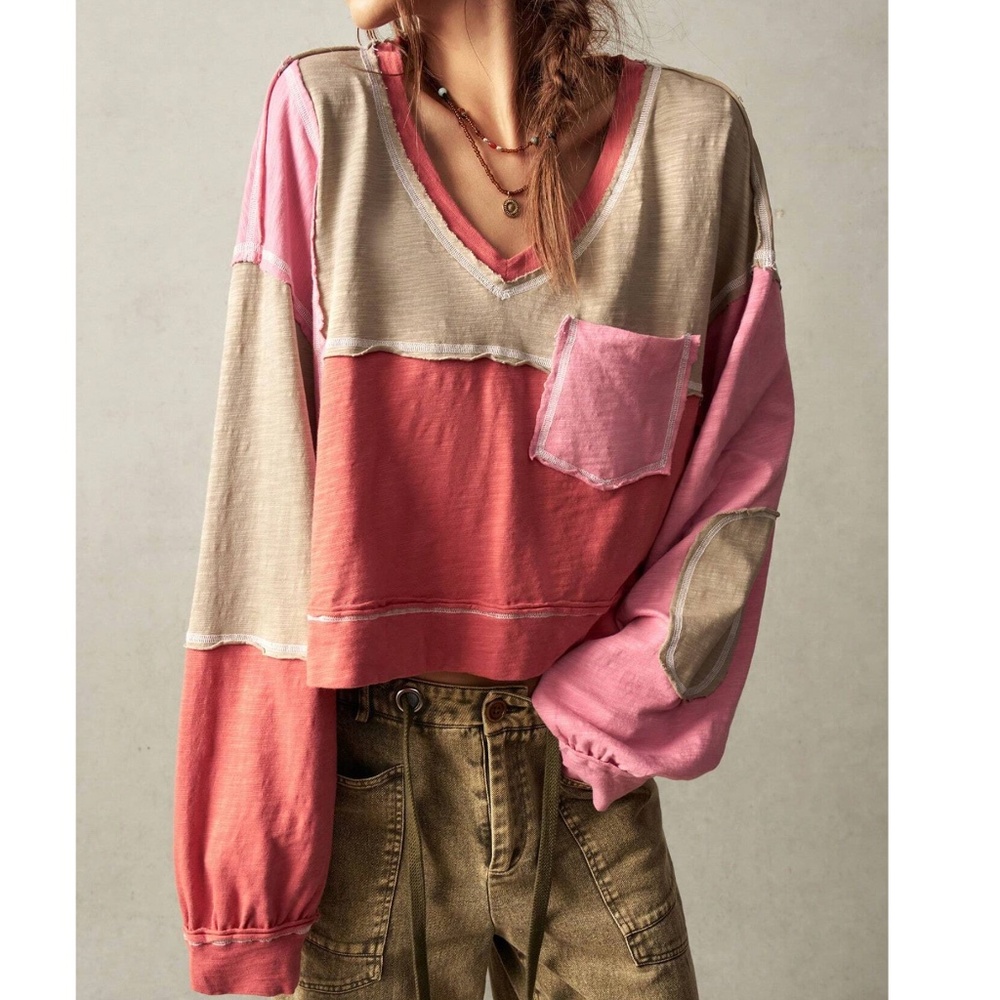 Color Block Reverse Stitch Oversized Long Sleeve Top - Picture 2 of 7